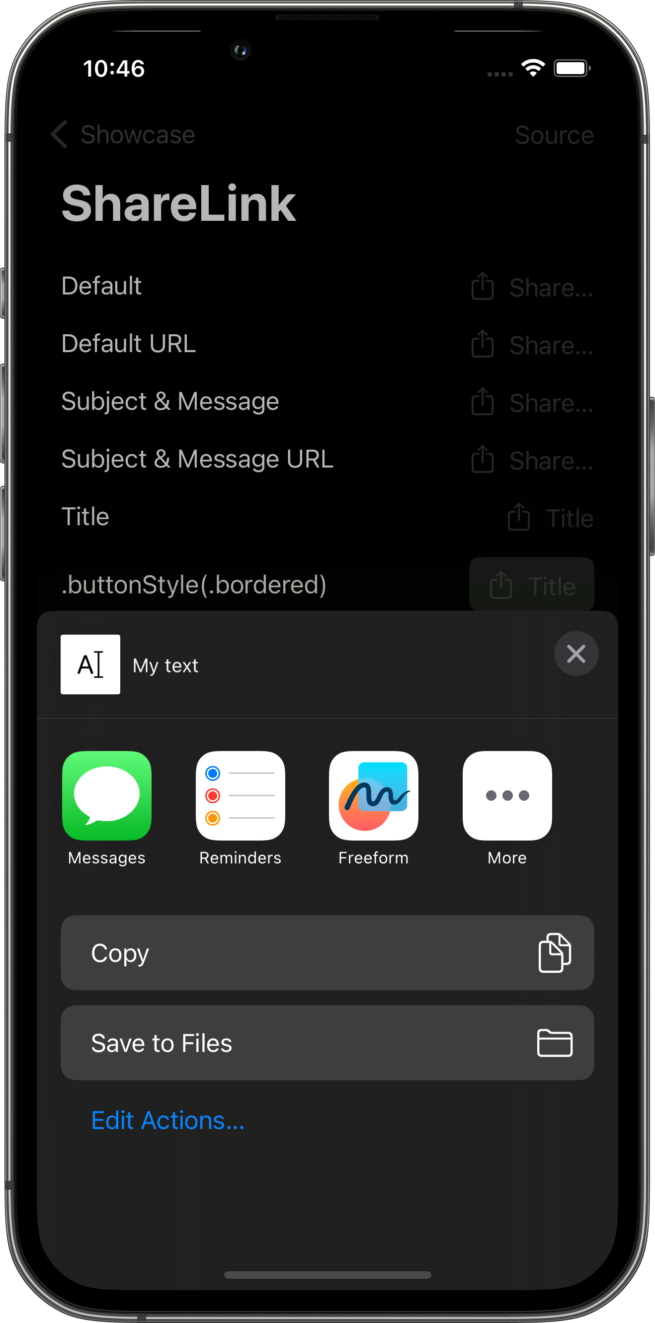 iPhone screenshot for ShareLink component (dark mode)