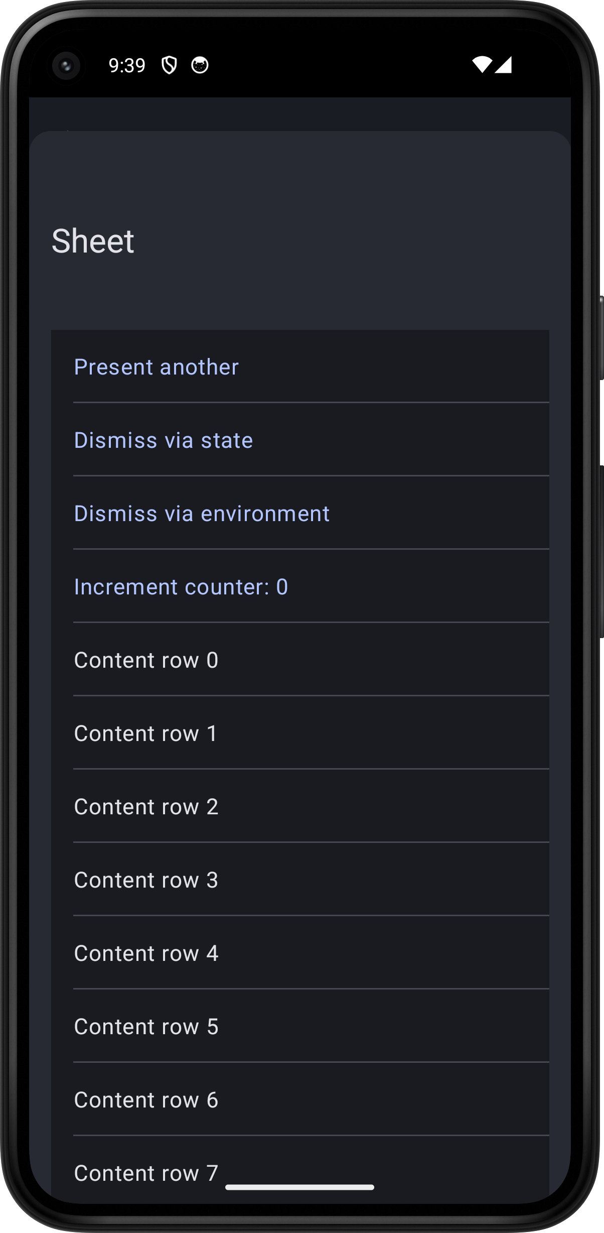 Android screenshot for Sheet component (dark mode)