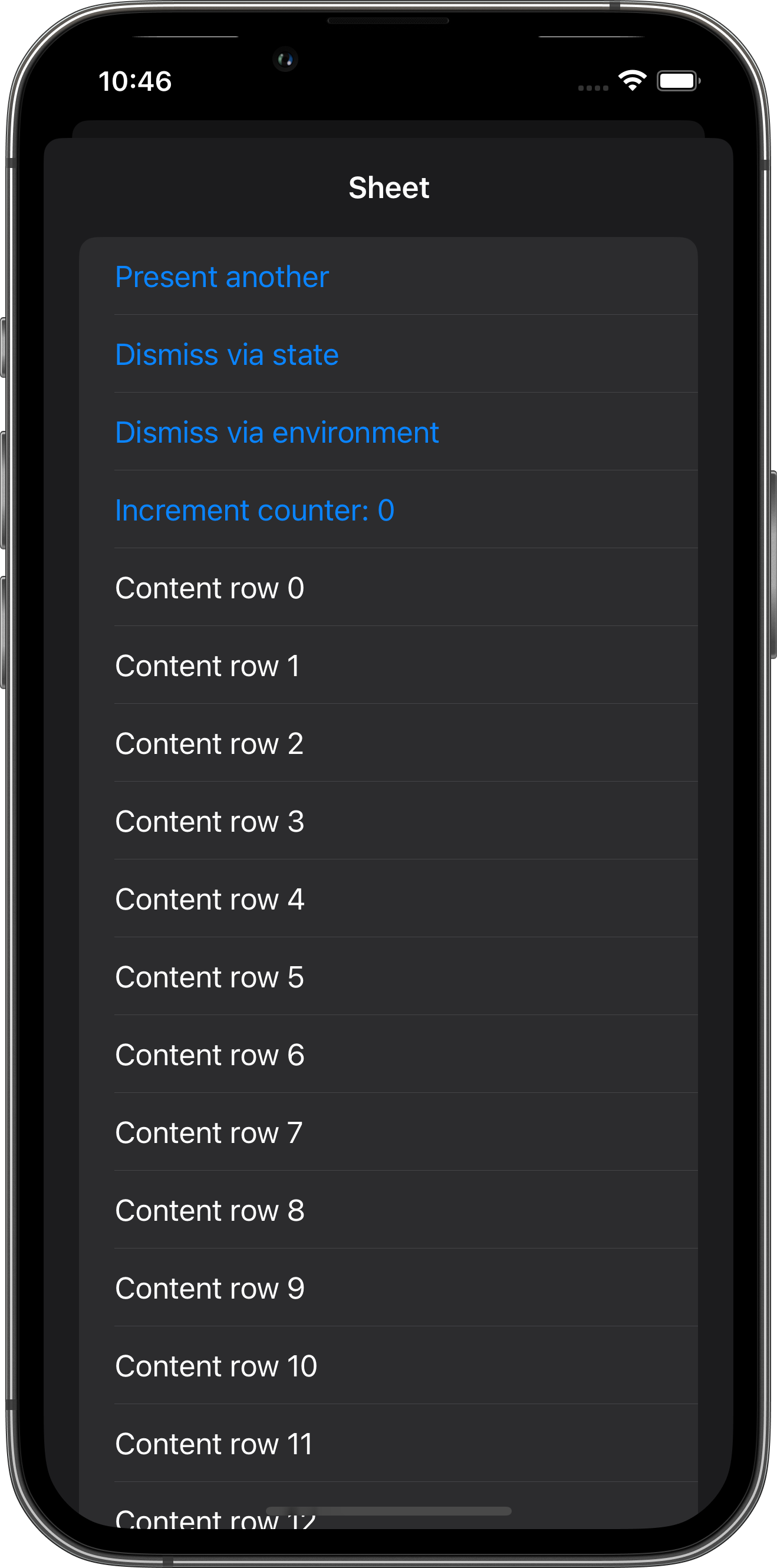 iPhone screenshot for Sheet component (dark mode)