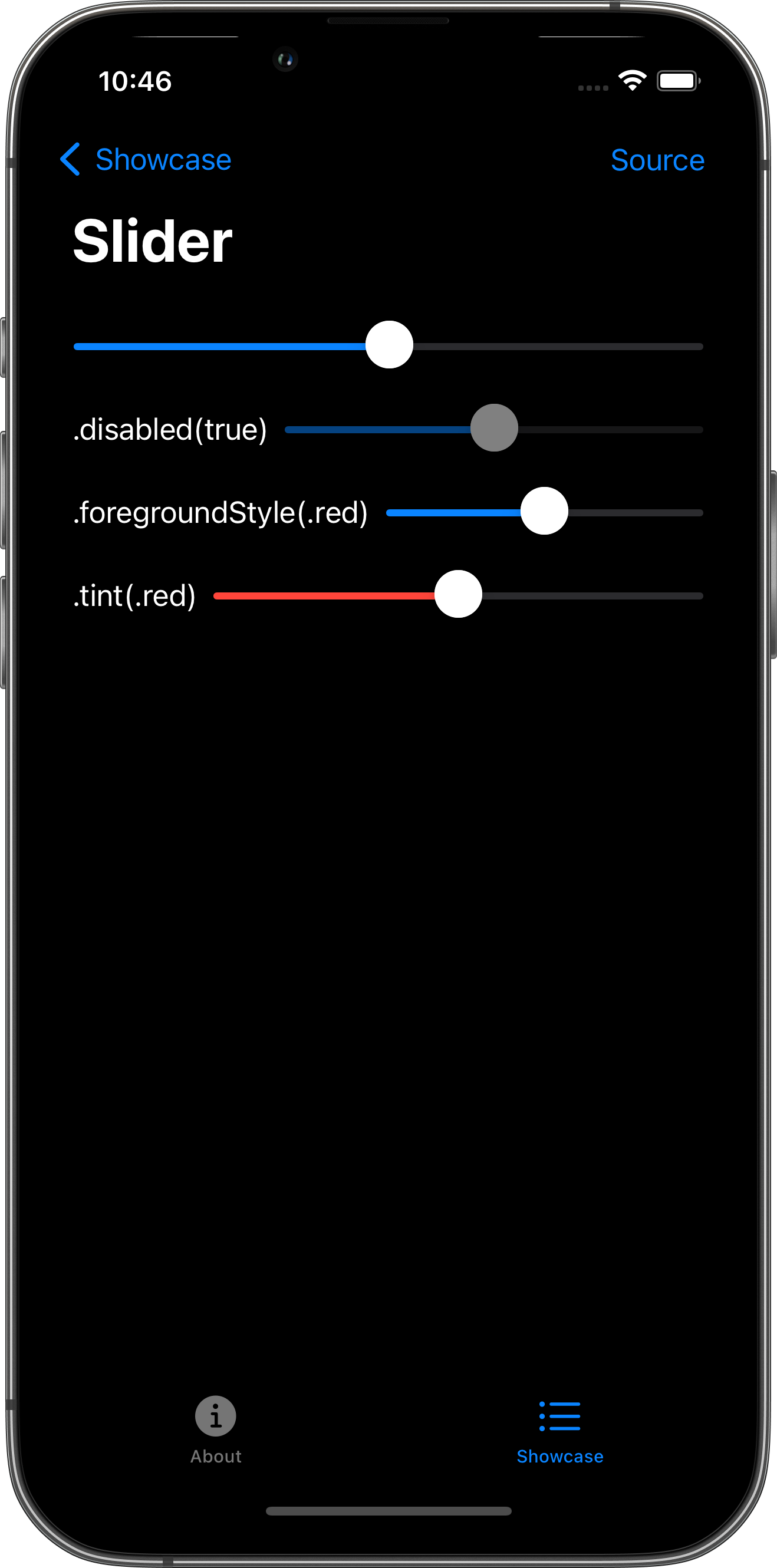 iPhone screenshot for Slider component (dark mode)
