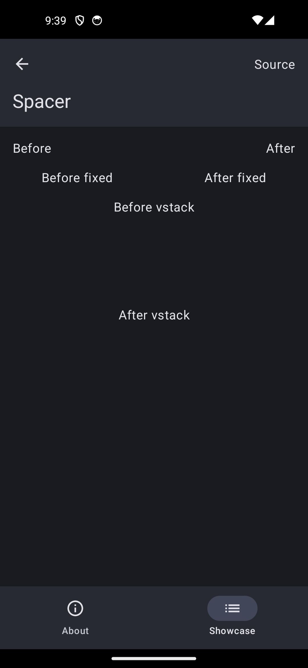 Android screenshot for Spacer component (dark mode)