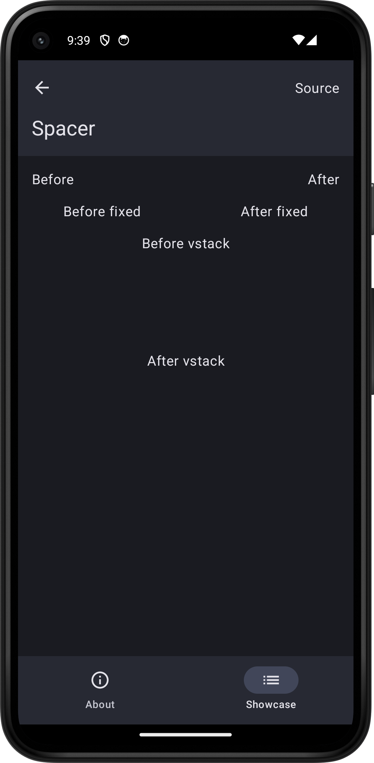 Android screenshot for Spacer component (dark mode)