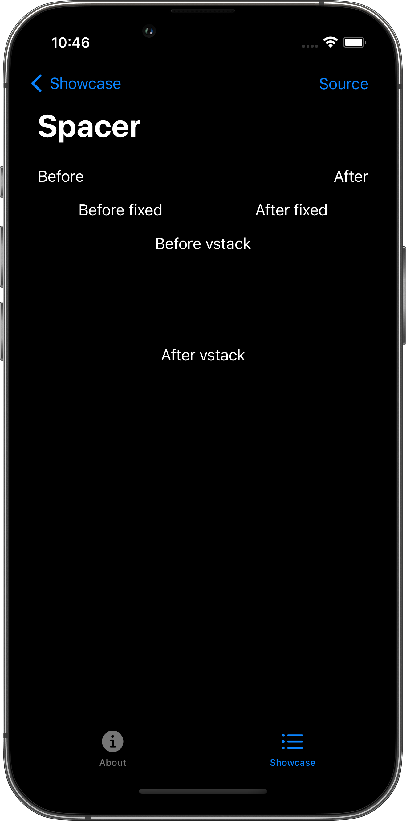 iPhone screenshot for Spacer component (dark mode)