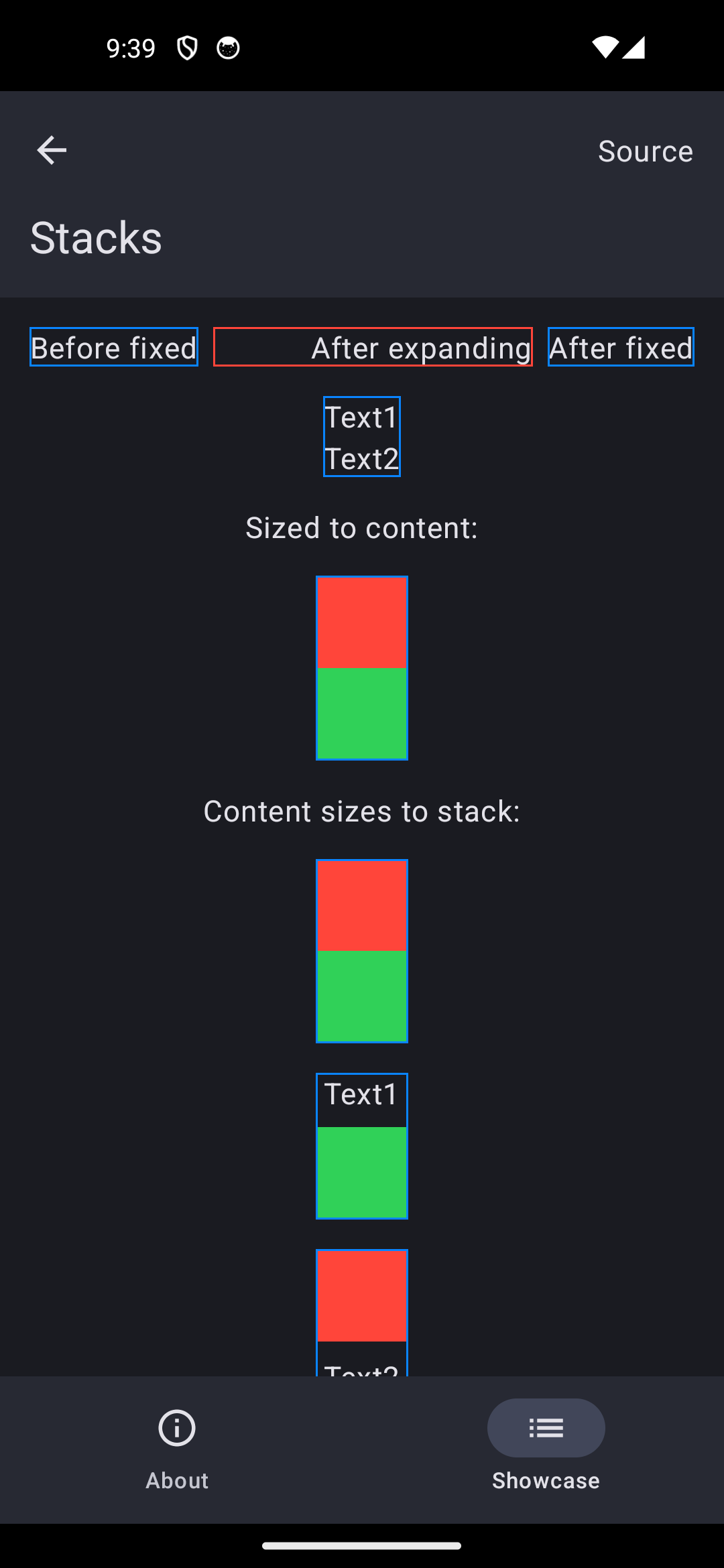 Android screenshot for Stack component (dark mode)