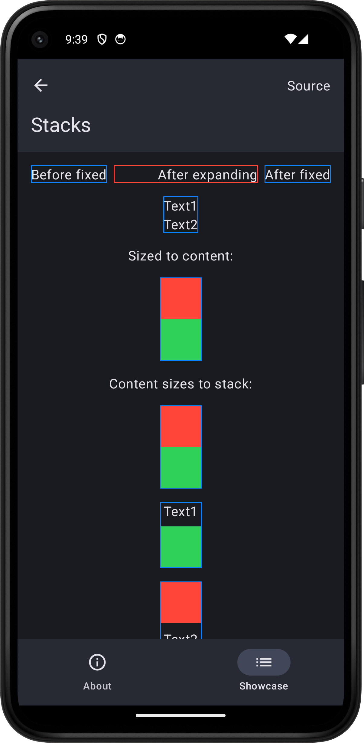 Android screenshot for Stack component (dark mode)