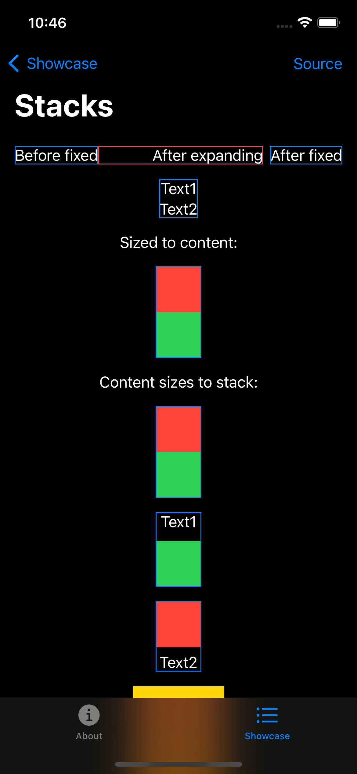 iPhone screenshot for Stack component (dark mode)