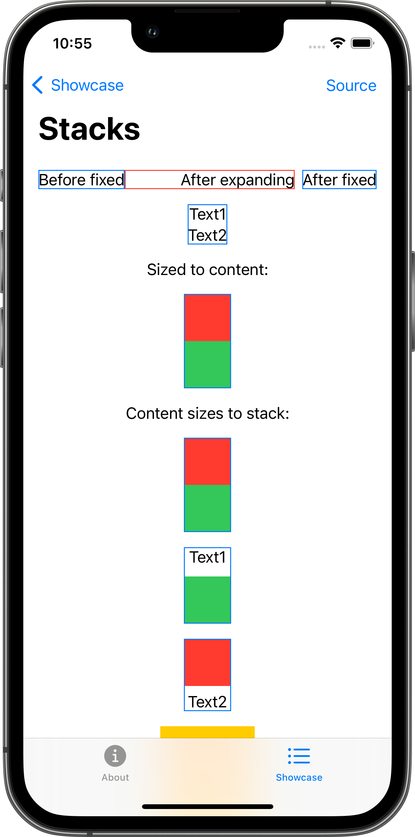 iPhone screenshot for Stack component (light mode)