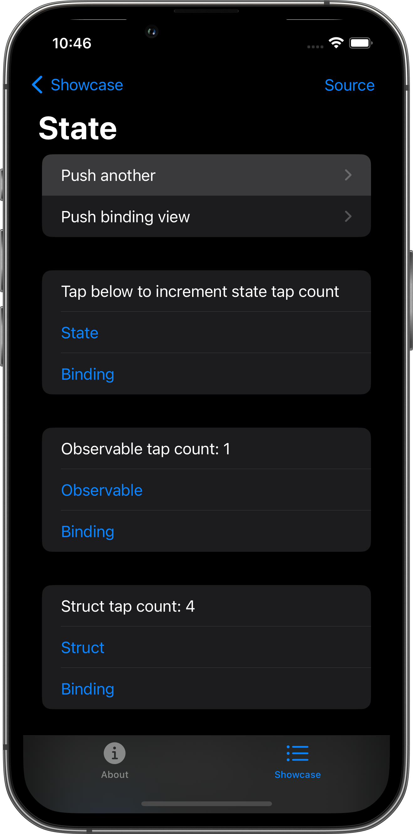 iPhone screenshot for State component (dark mode)