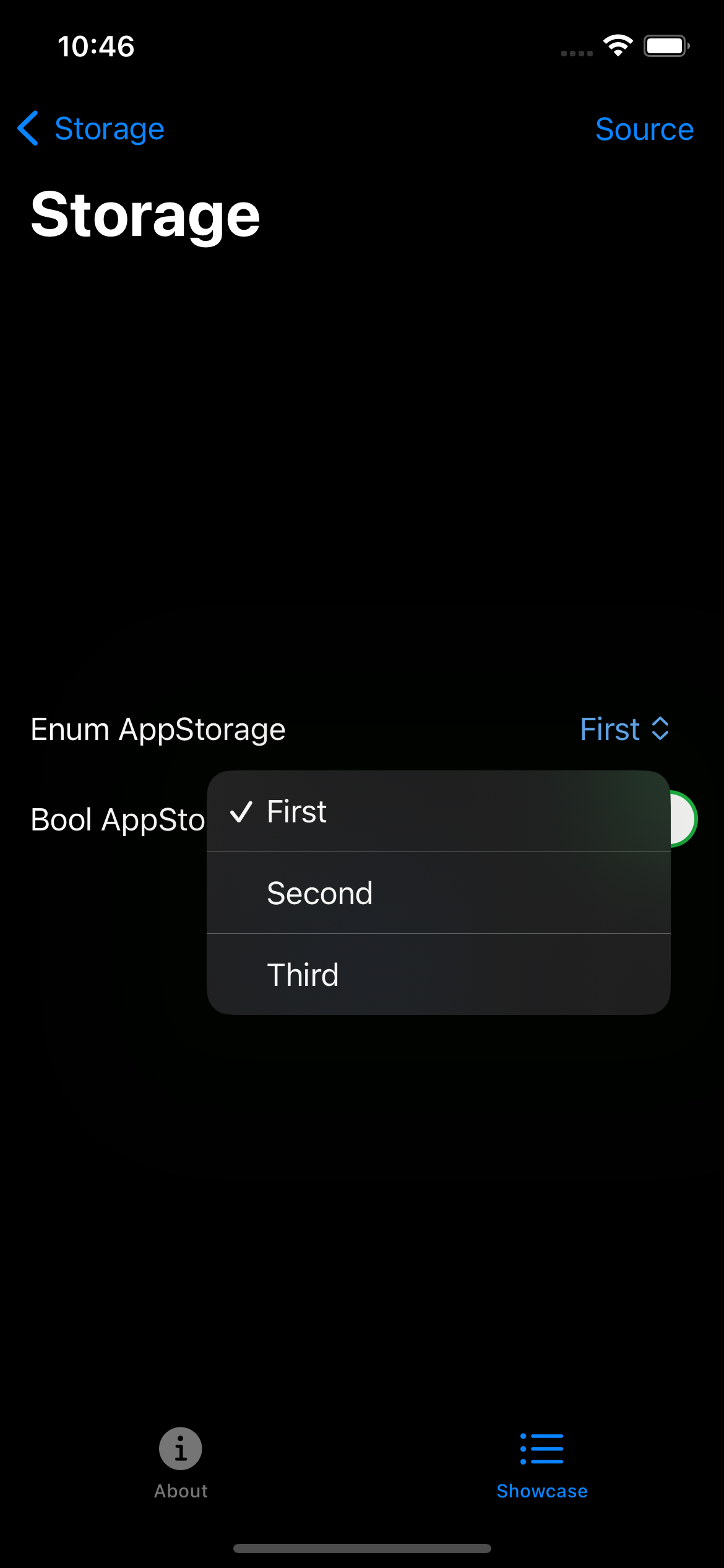 iPhone screenshot for Storage component (dark mode)