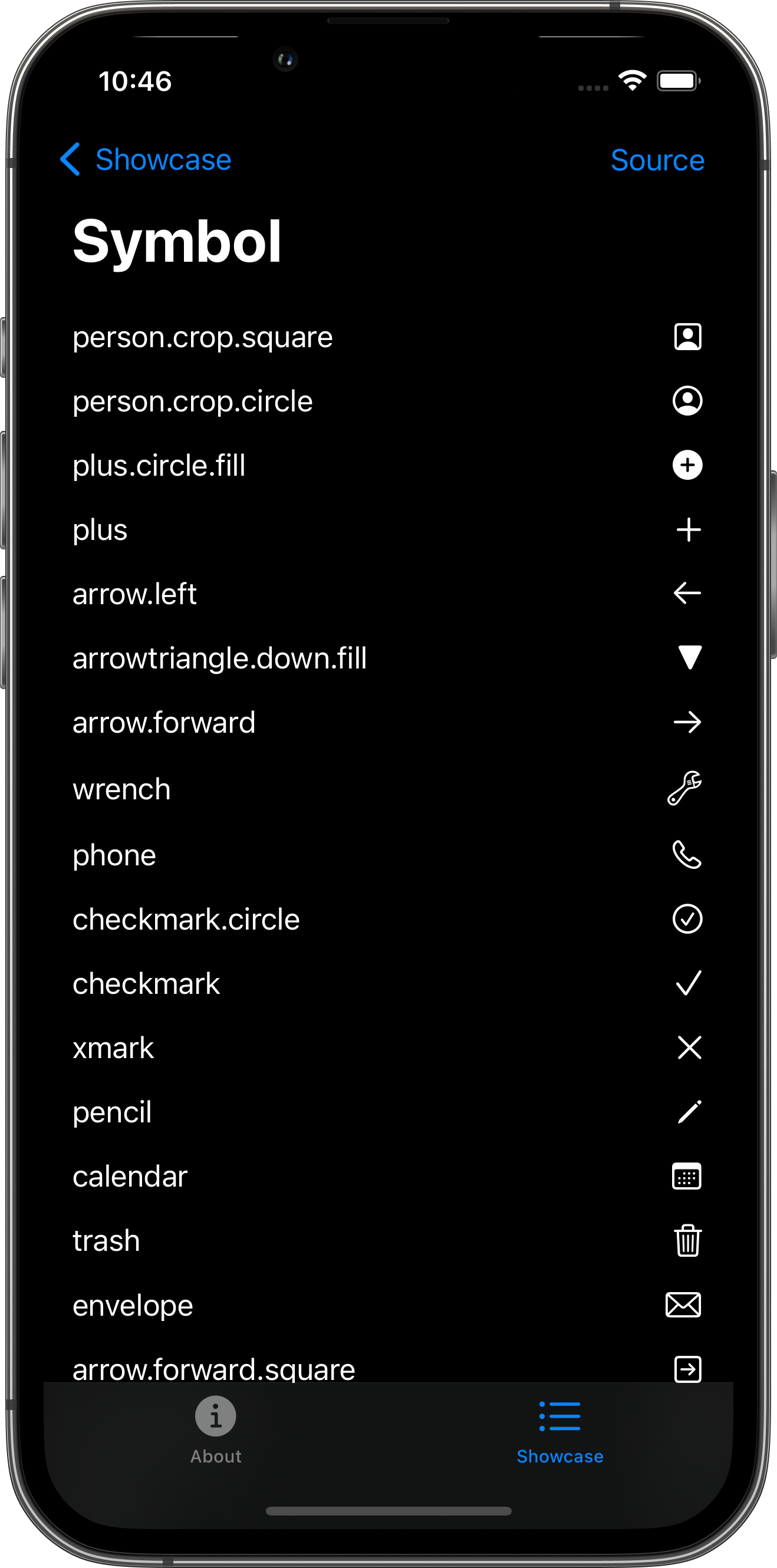 iPhone screenshot for Symbol component (dark mode)