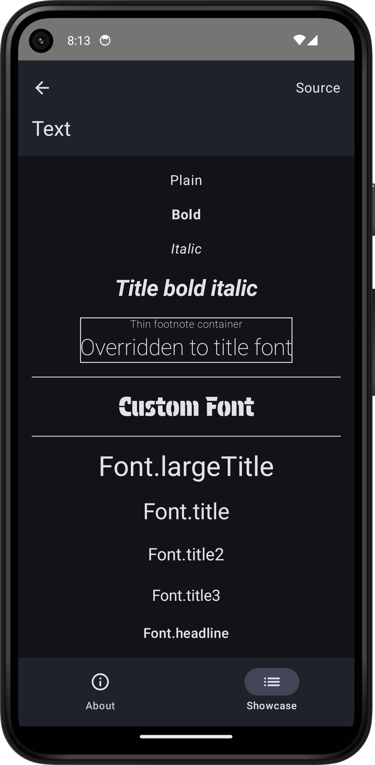 Android screenshot for Text component (dark mode)