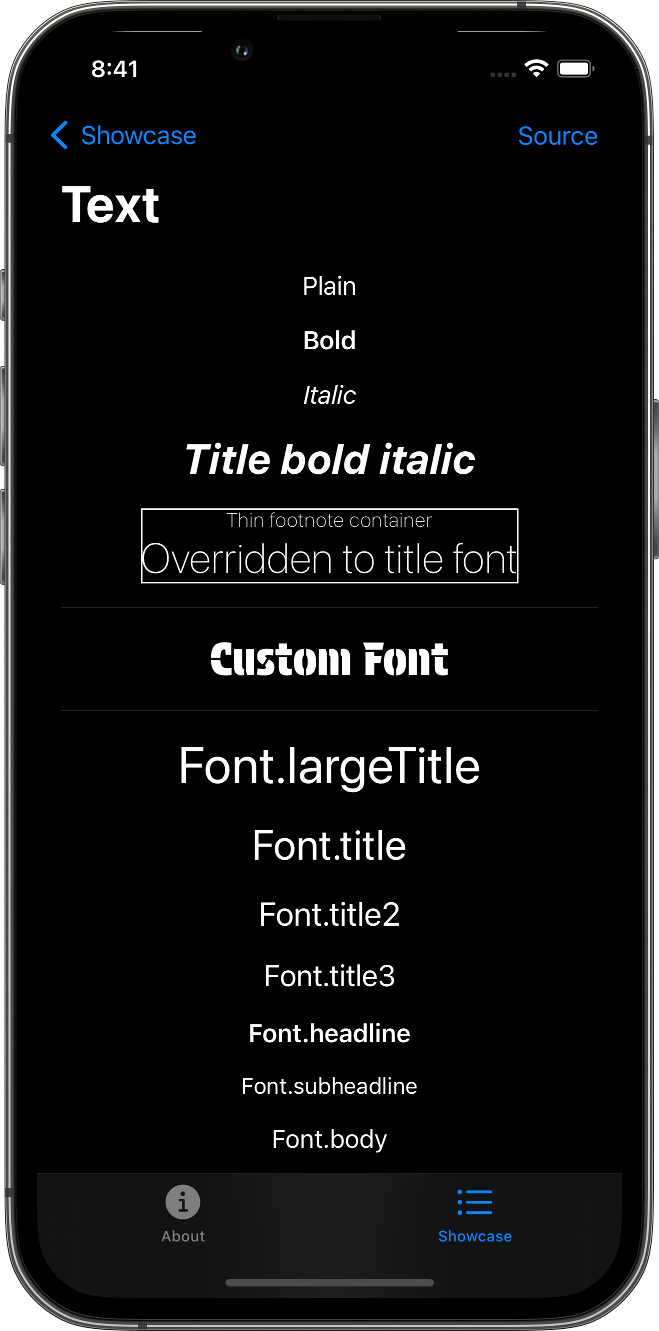 iPhone screenshot for Text component (dark mode)