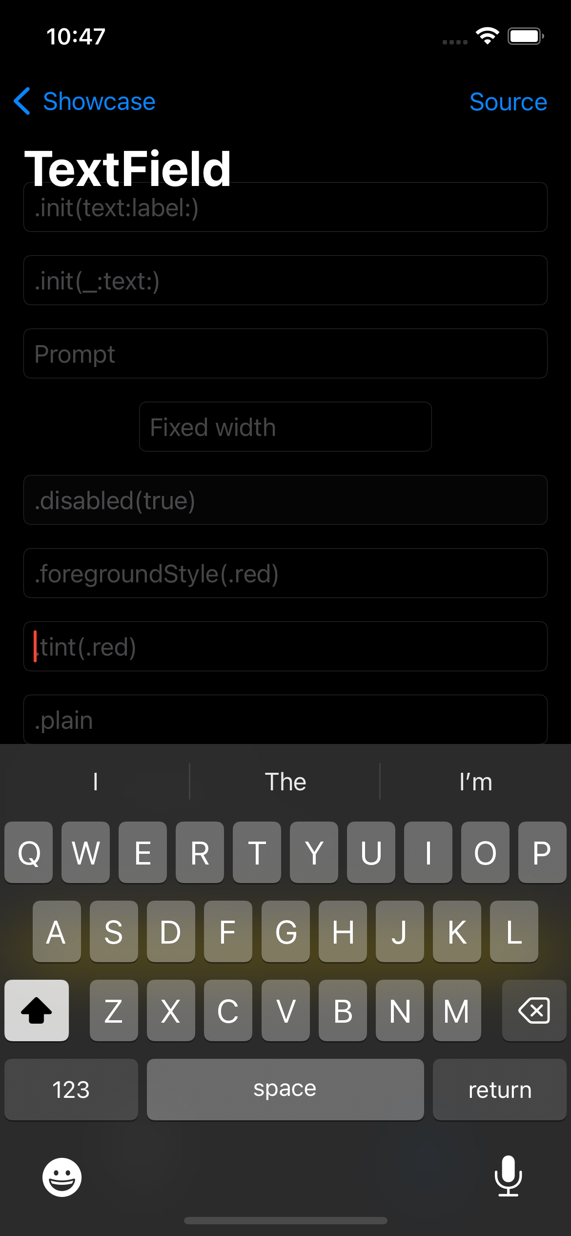 iPhone screenshot for TextField component (dark mode)