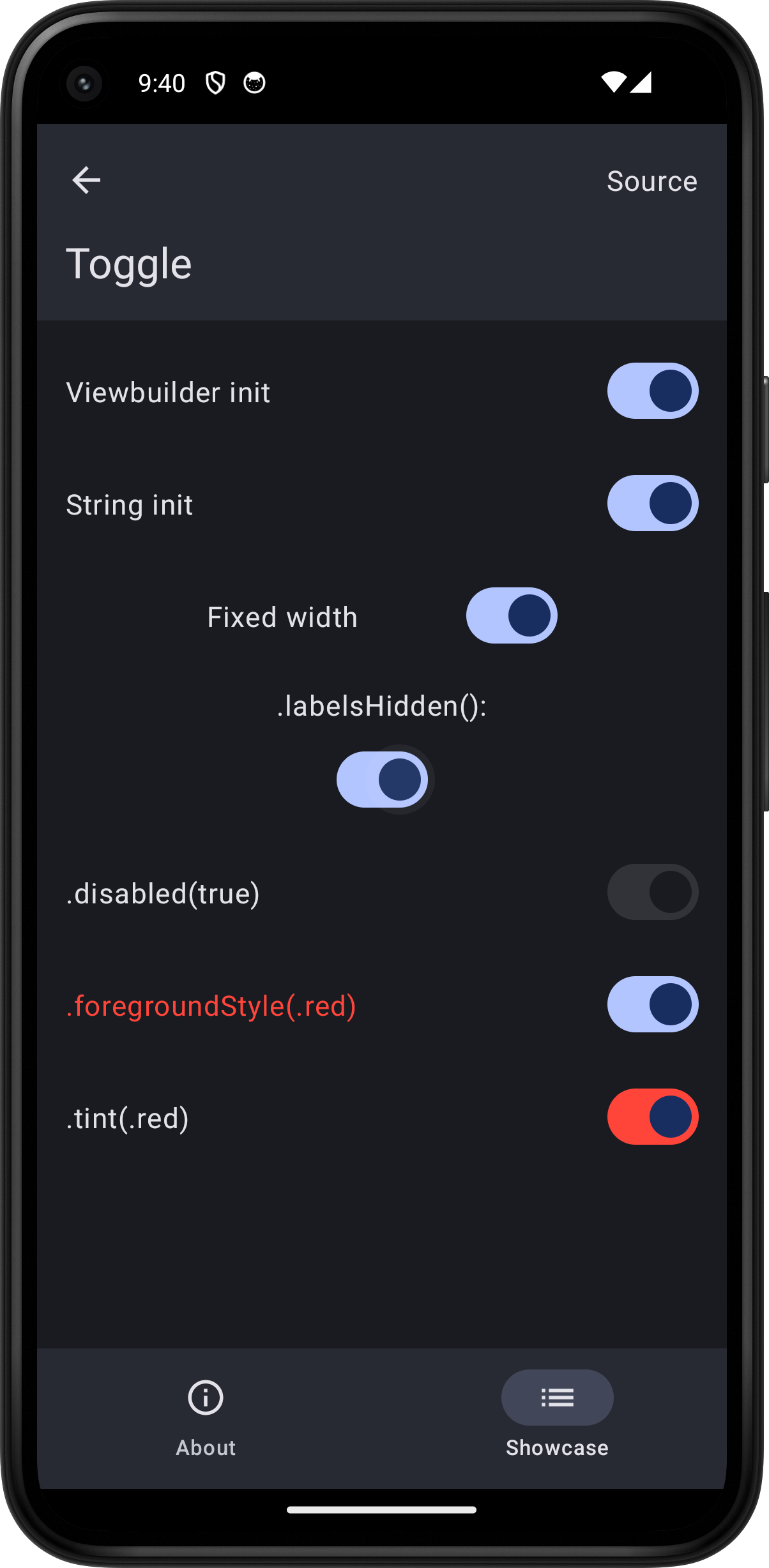 Android screenshot for Toggle component (dark mode)
