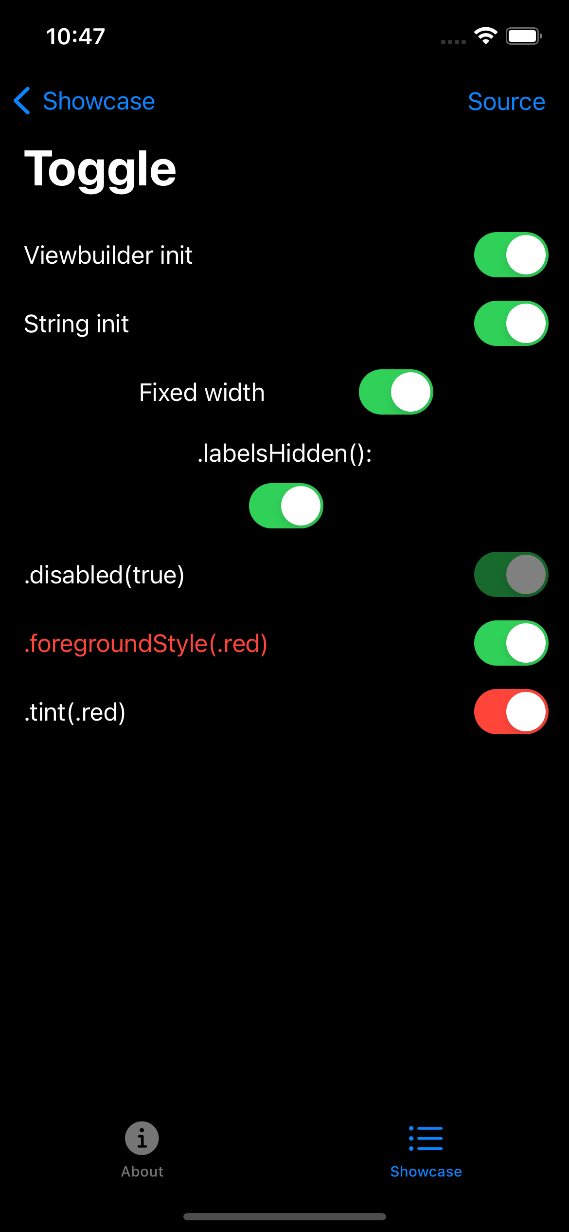 iPhone screenshot for Toggle component (dark mode)