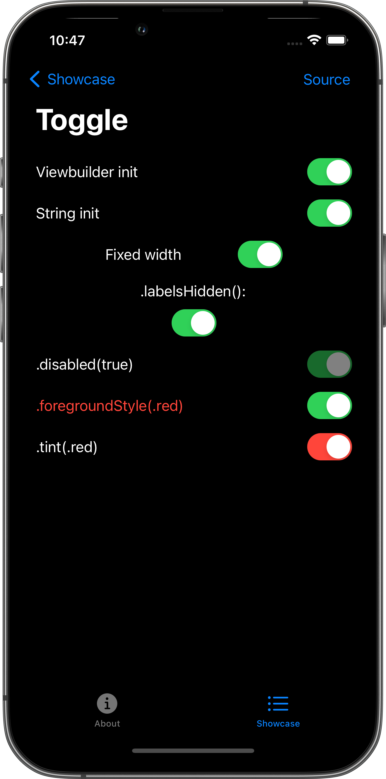 iPhone screenshot for Toggle component (dark mode)