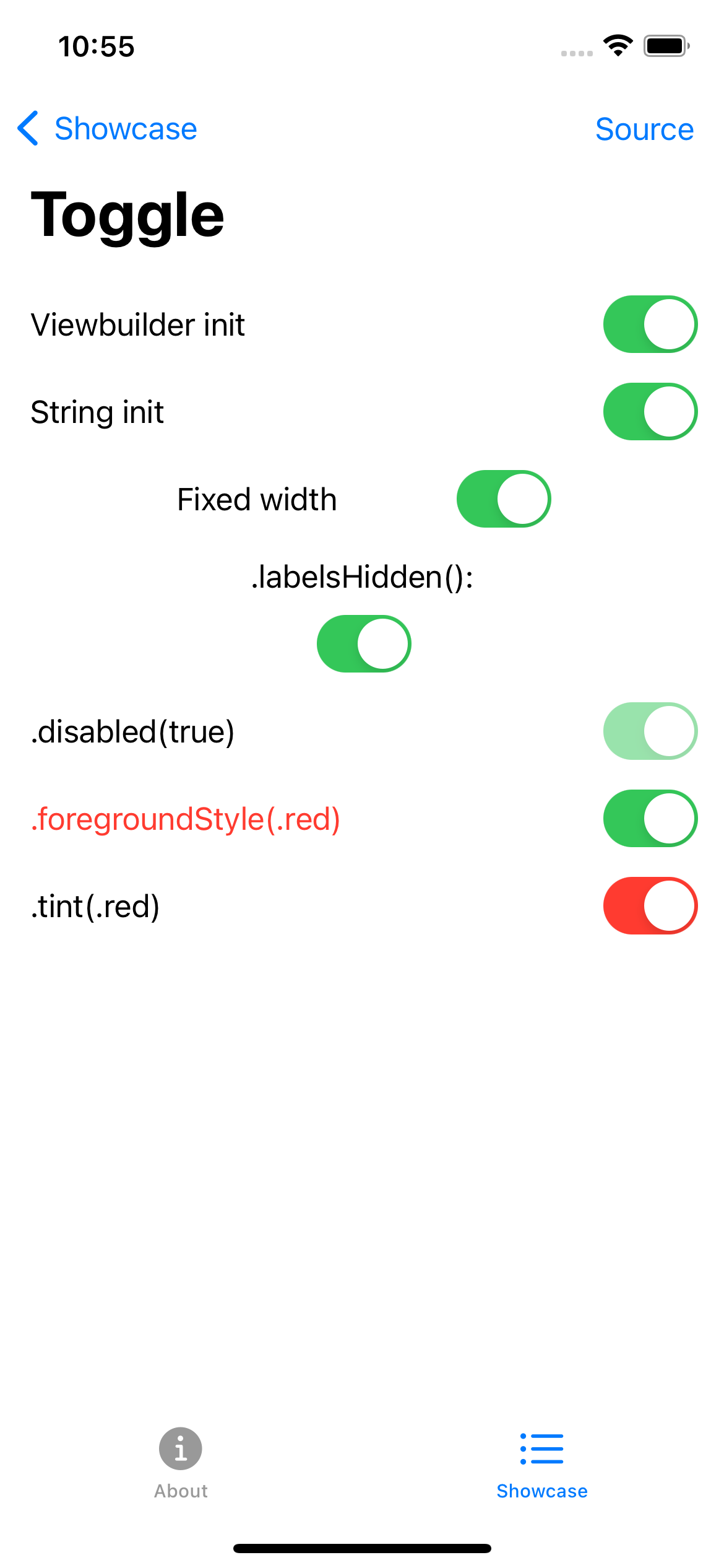 iPhone screenshot for Toggle component (light mode)