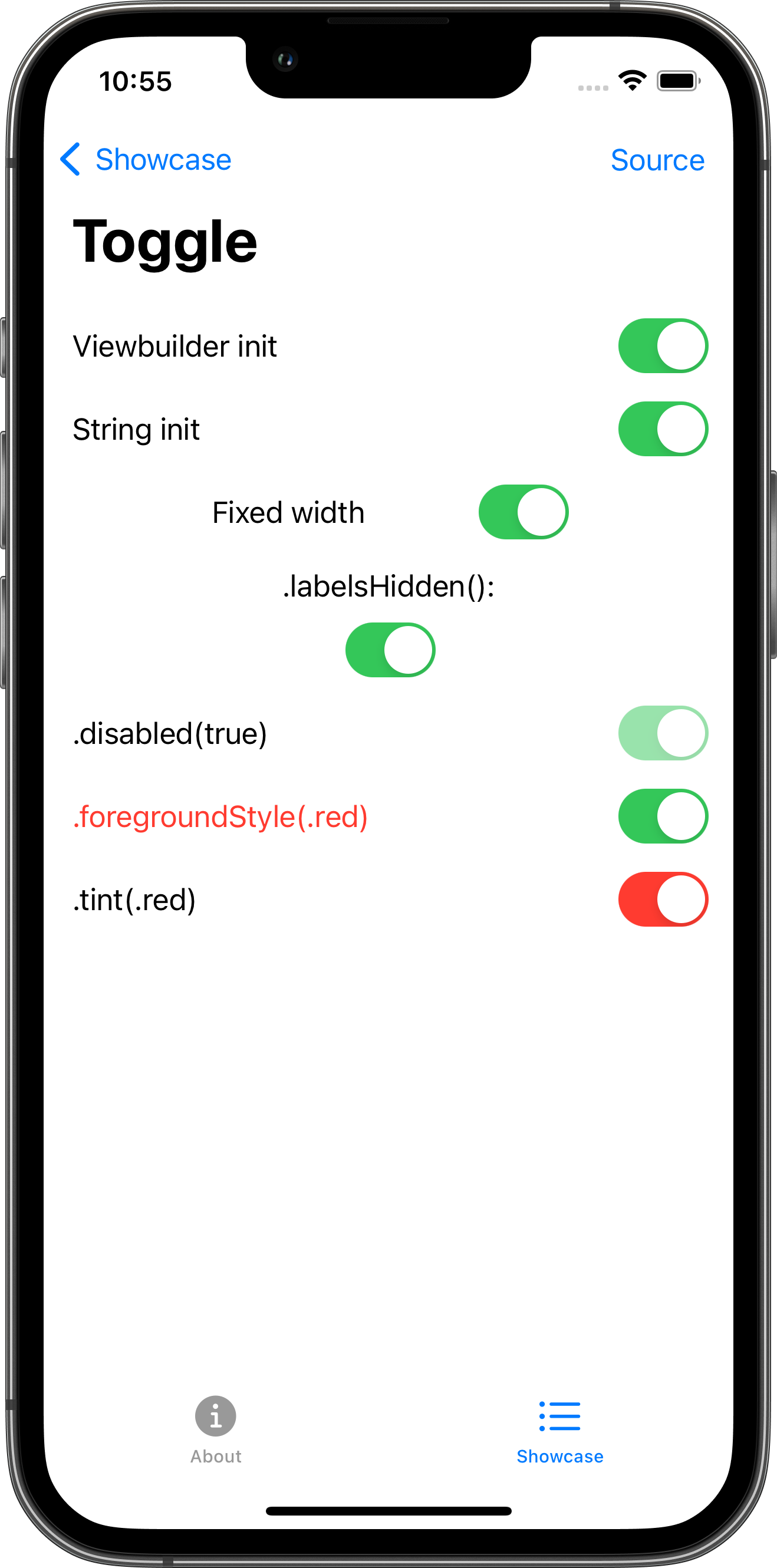 iPhone screenshot for Toggle component (light mode)