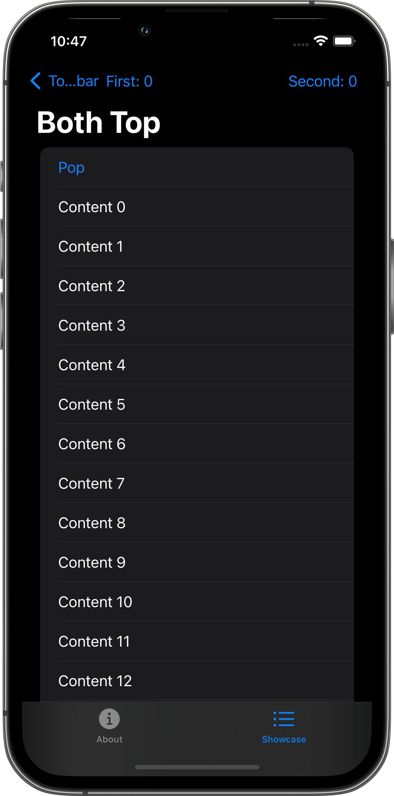 iPhone screenshot for Toolbar component (dark mode)
