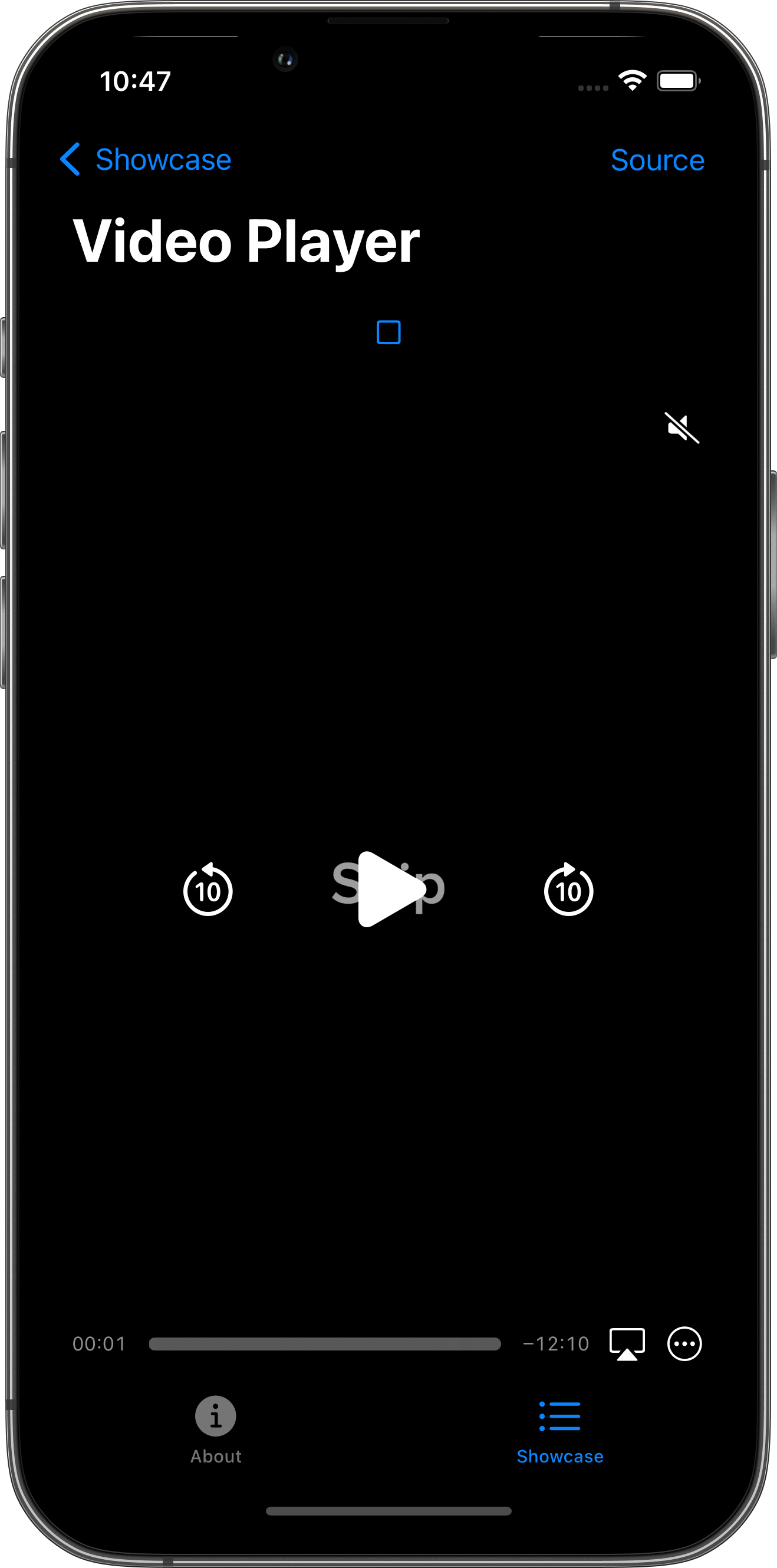 iPhone screenshot for VideoPlayer component (dark mode)
