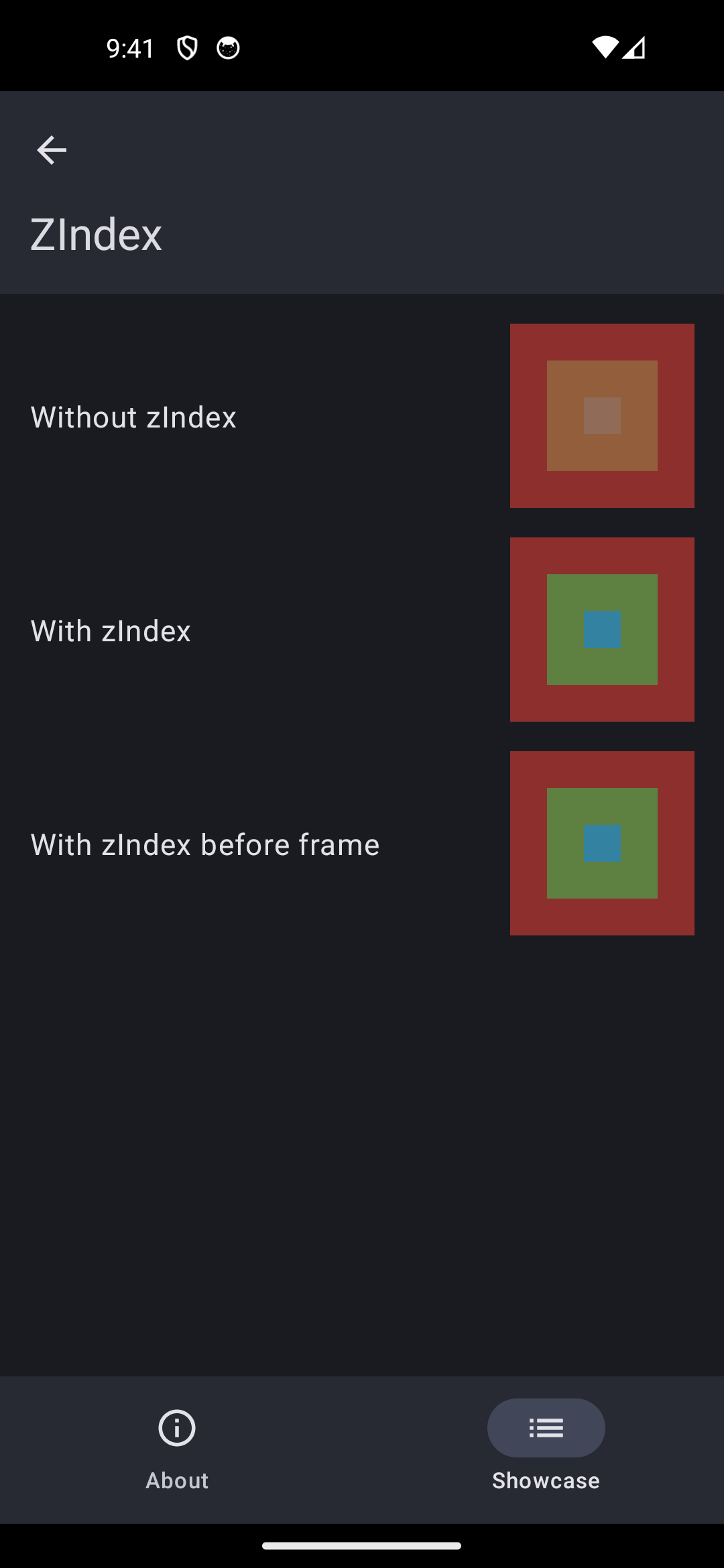 Android screenshot for ZIndex component (dark mode)