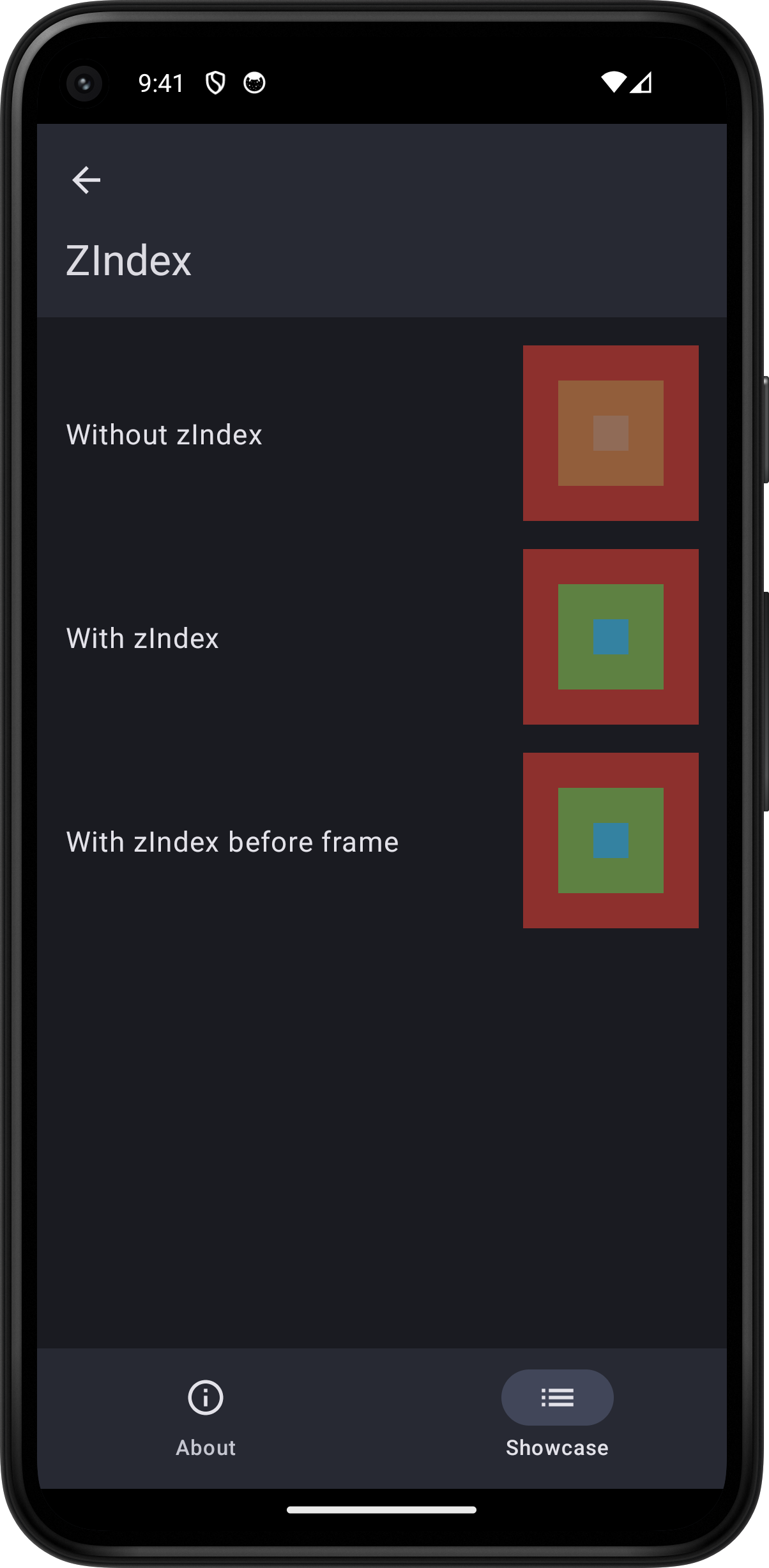 Android screenshot for ZIndex component (dark mode)