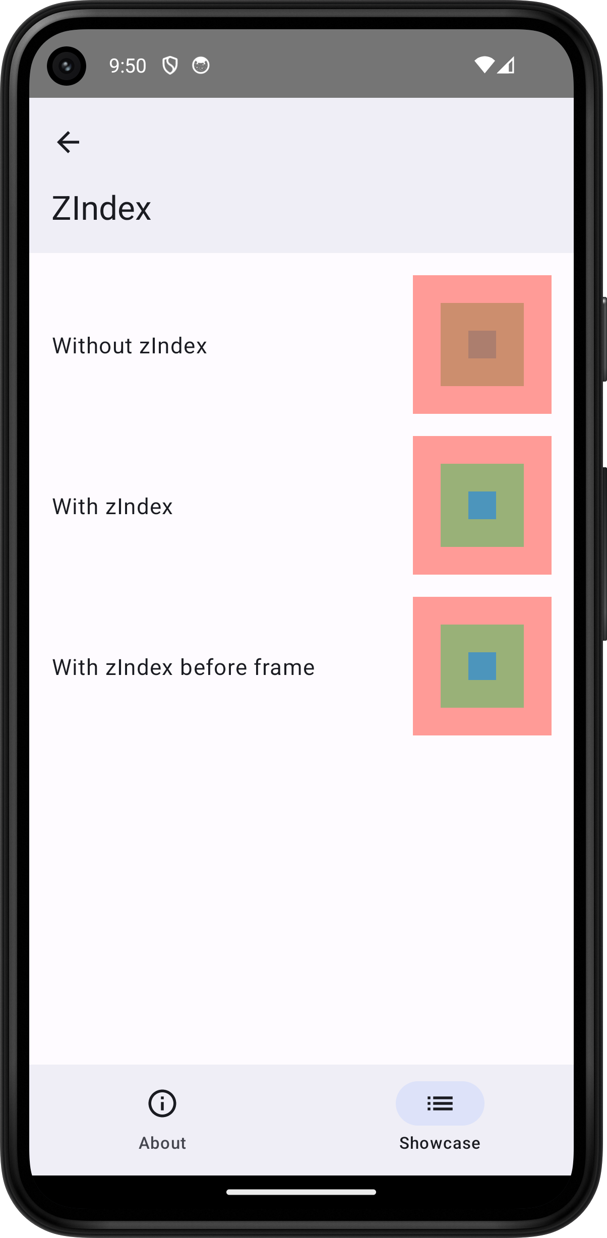 Android screenshot for ZIndex component (light mode)