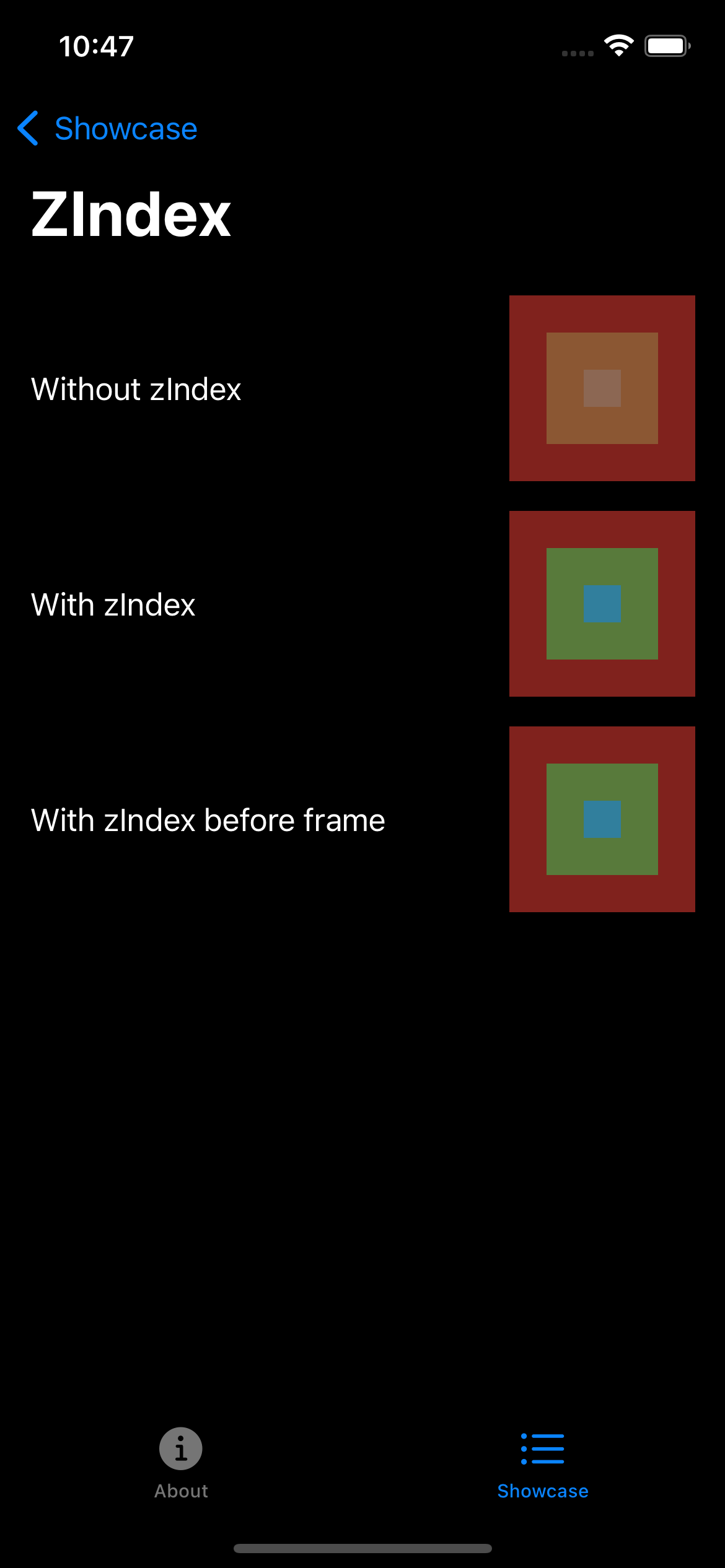 iPhone screenshot for ZIndex component (dark mode)