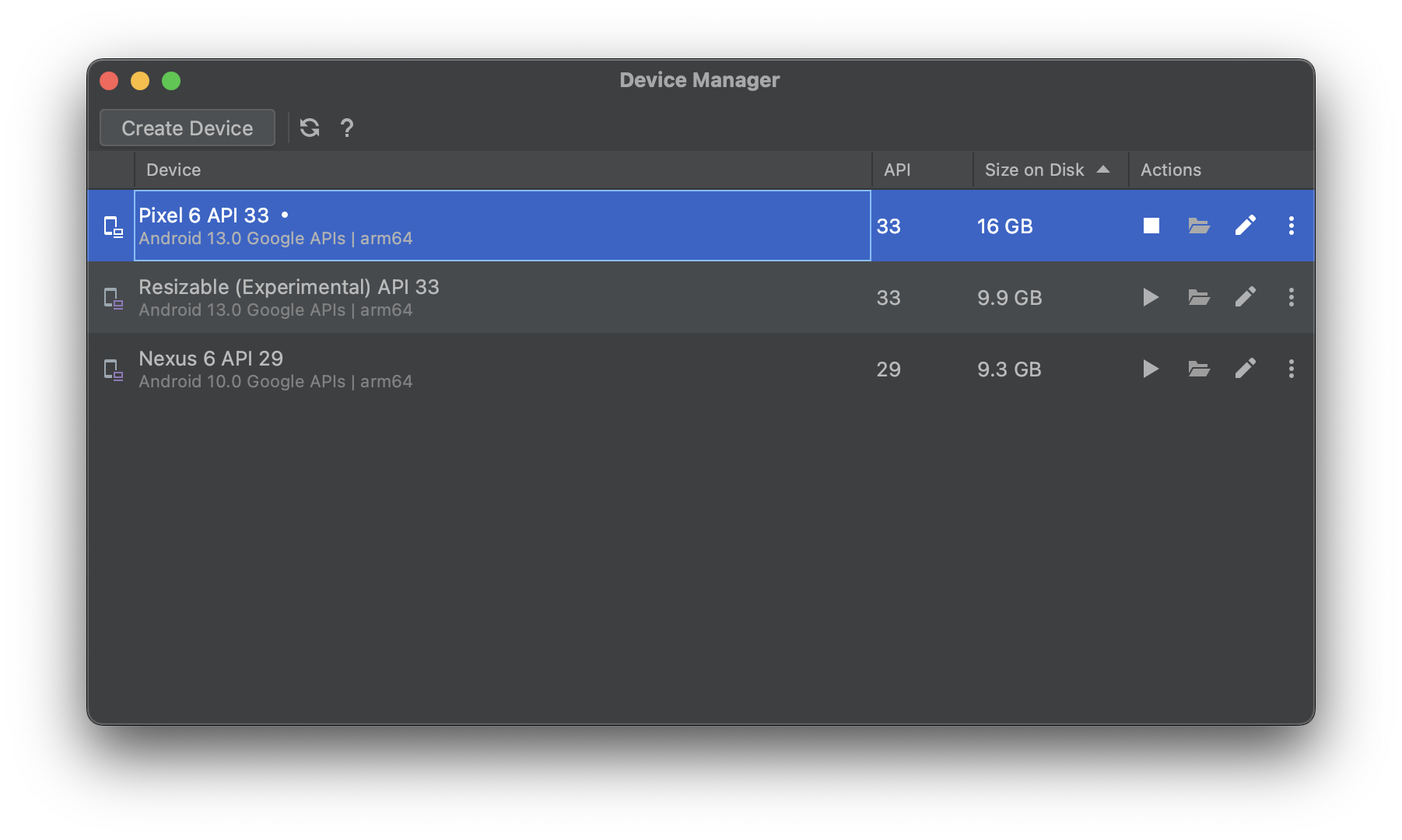 Screenshot of the Android Studio Device Manager